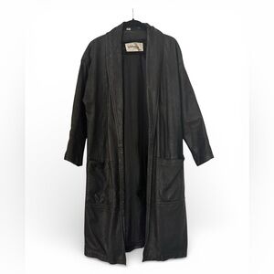 Wilson Black Leather Overcoat Long Open Lined Pockets Women’s M